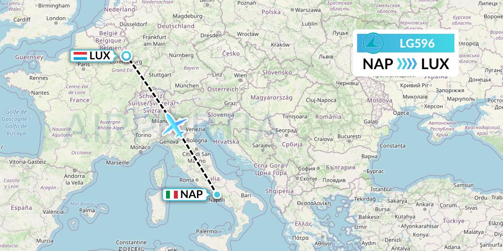 LG596 Luxair Flight Map: Naples to Luxembourg