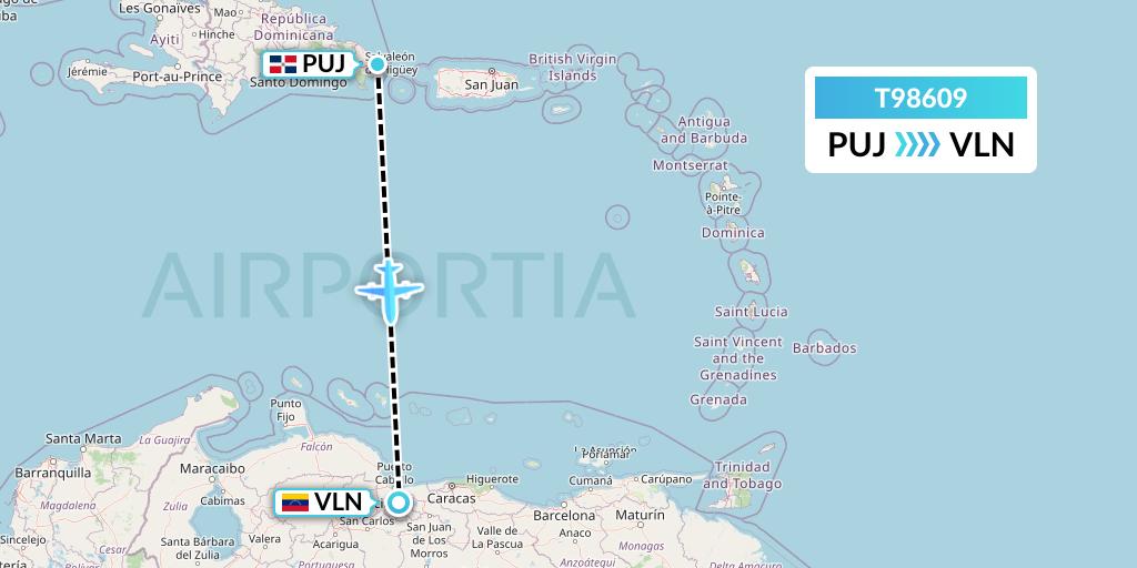 T98609 Turpial Airlines Flight Map: Punta Cana to Valencia
