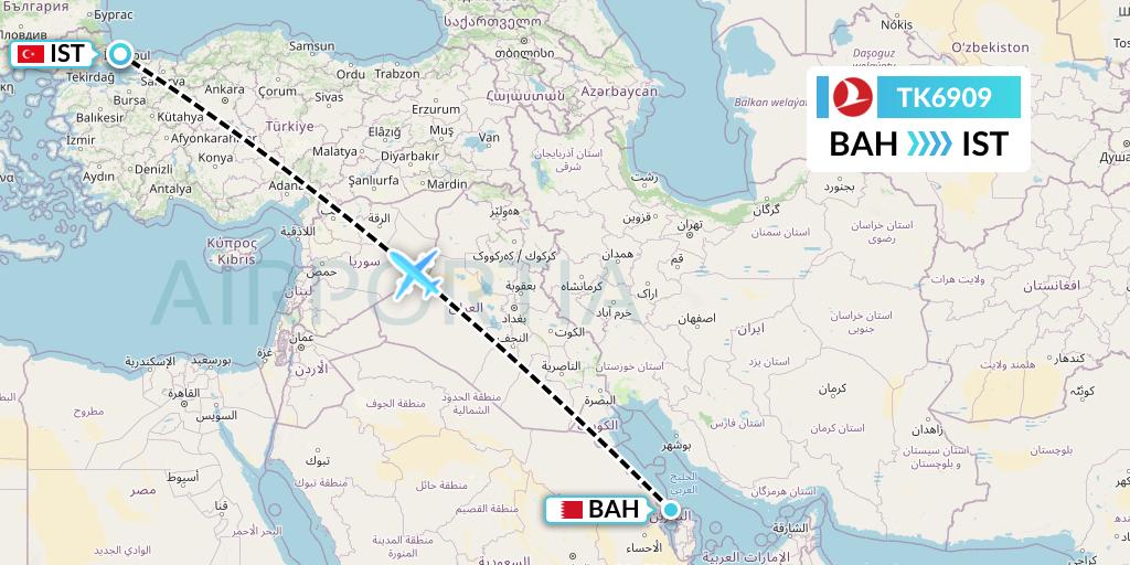 TK6909 Turkish Airlines Flight Map: Bahrain to Istanbul