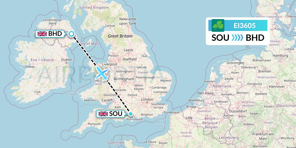 EI3605 Aer Lingus Flight Map: Southampton to Belfast