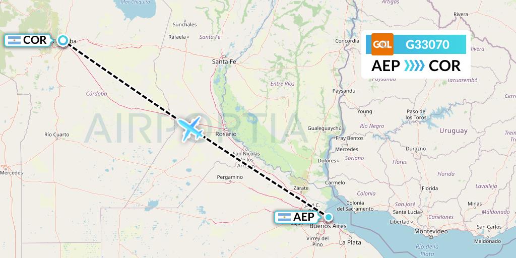 G33070 GOL Transportes Aeros Flight Map: Buenos Aires to Cordoba