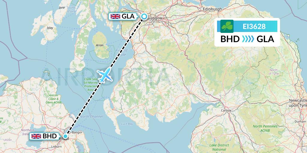 EI3628 Aer Lingus Flight Map: Belfast to Glasgow