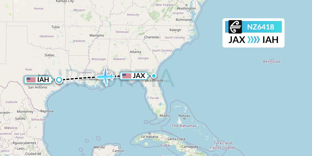 NZ6418 Air New Zealand Flight Map: Jacksonville to Houston