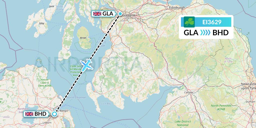 EI3629 Aer Lingus Flight Map: Glasgow to Belfast