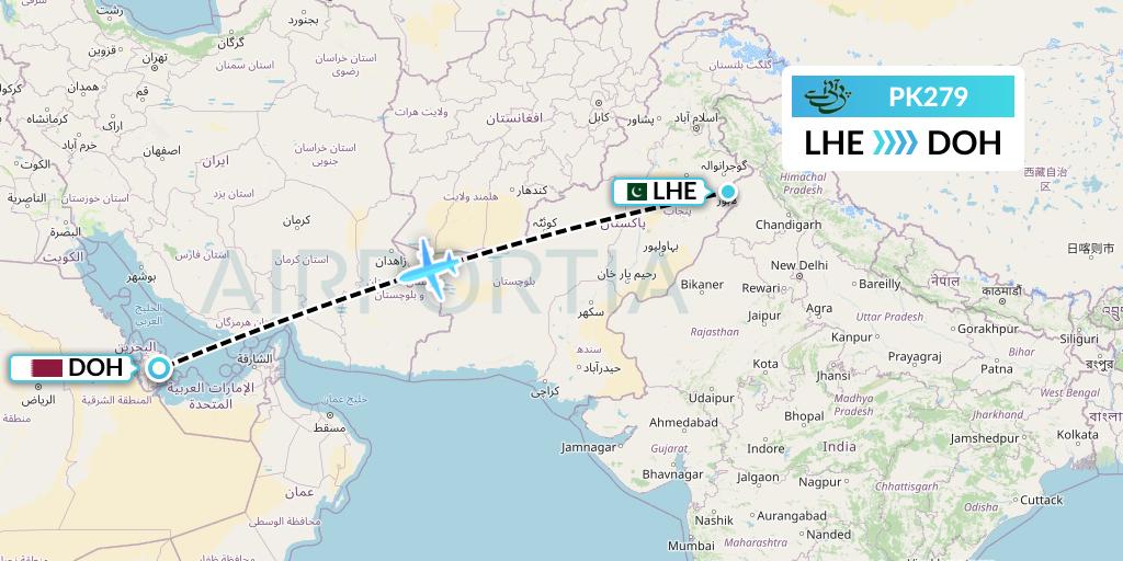 PK279 Pakistan International Airlines Flight Map: Lahore to Doha
