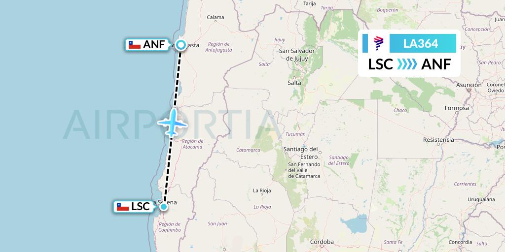 LA364 LAN Airlines Flight Map: La Serena to Antofagasta