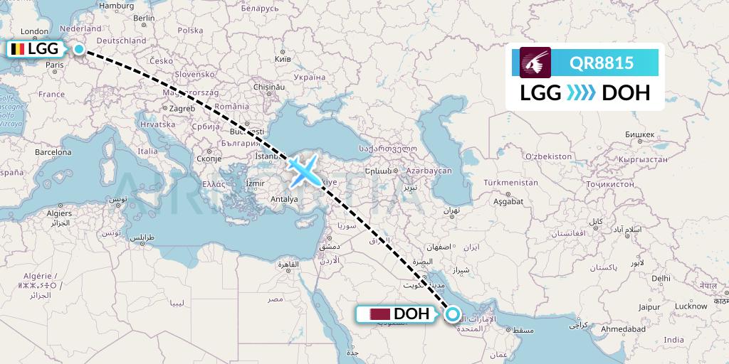 QR8815 Qatar Airways Flight Map: Liege to Doha