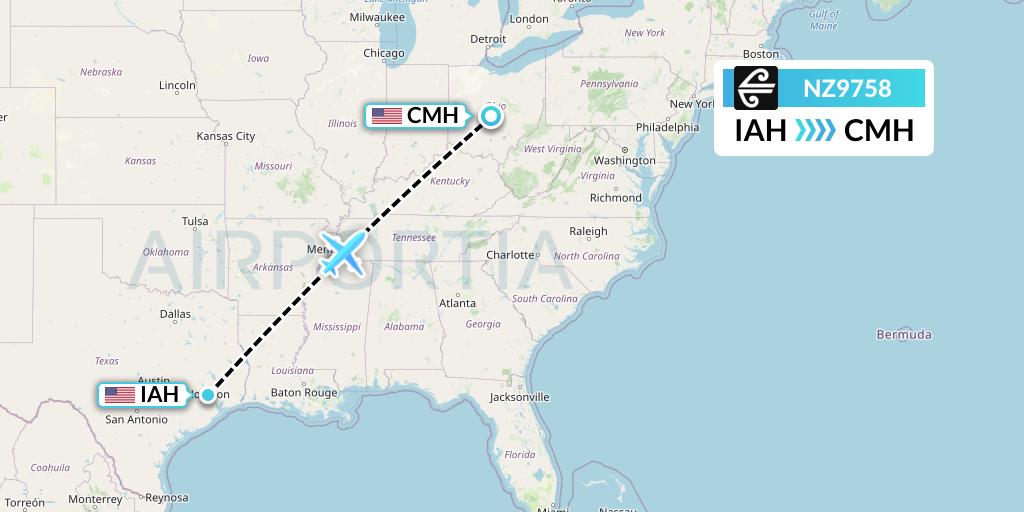 NZ9758 Air New Zealand Flight Map: Houston to Columbus