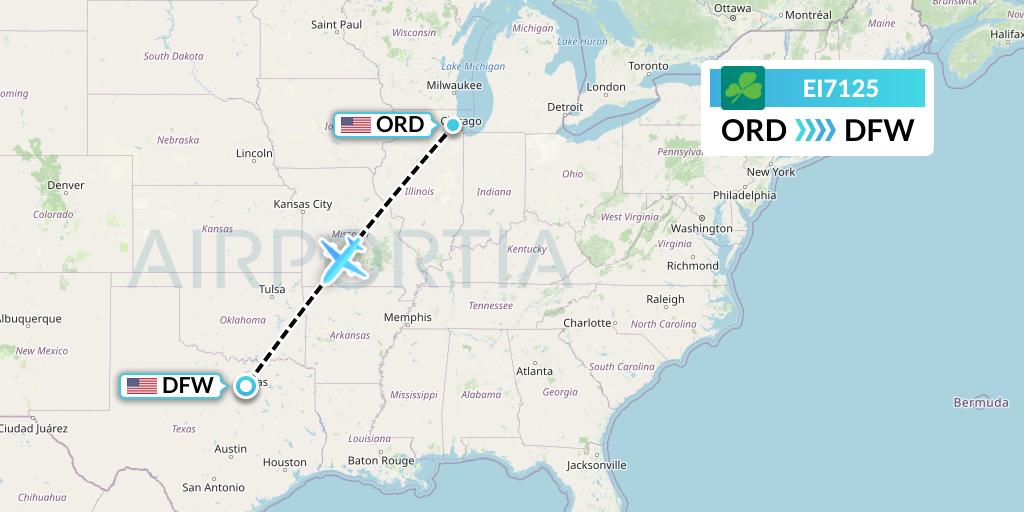 EI7125 Aer Lingus Flight Map: Chicago to Dallas