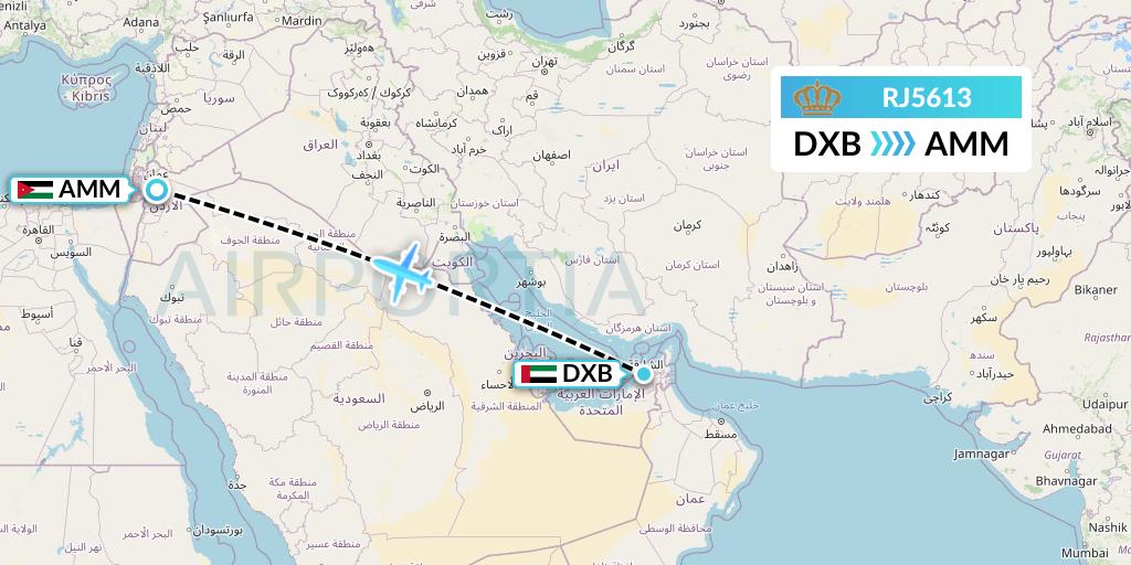 RJ5613 Royal Jordanian Flight Map: Dubai to Amman