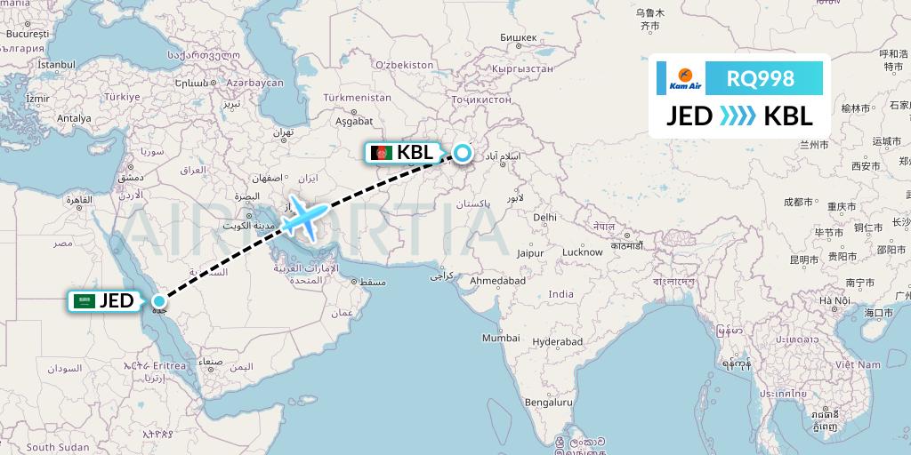 RQ998 Kam Air Flight Map: Jeddah to Kabul