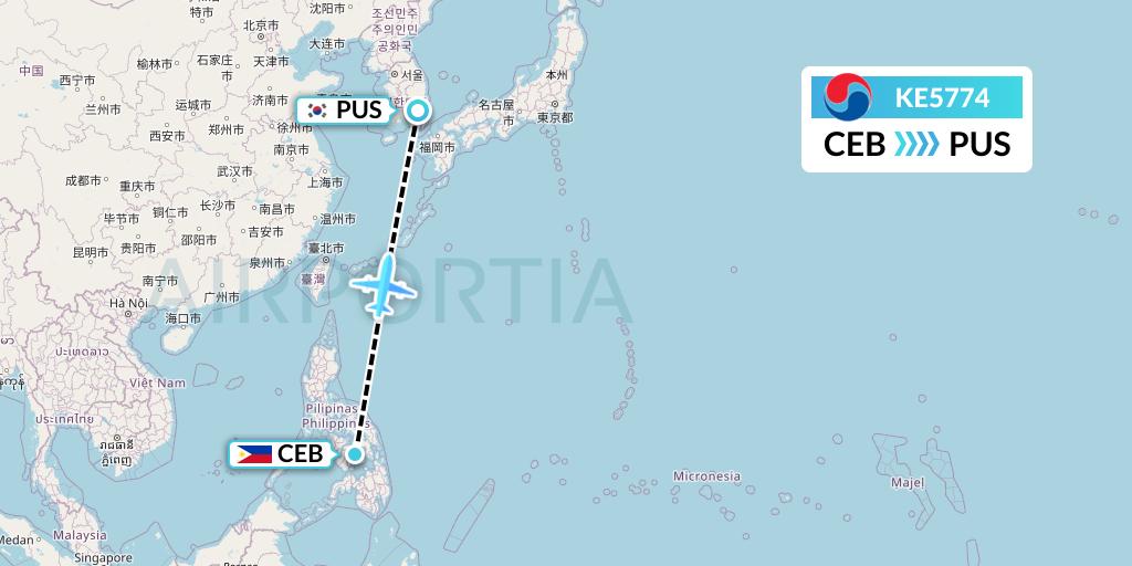 KE5774 Korean Air Flight Map: Cebu to Busan