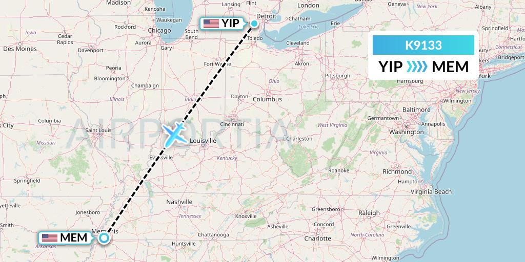 K9133 Kalitta Charters Flight Map: Detroit to Memphis