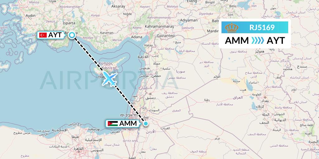 RJ5169 Royal Jordanian Flight Map: Amman to Antalya