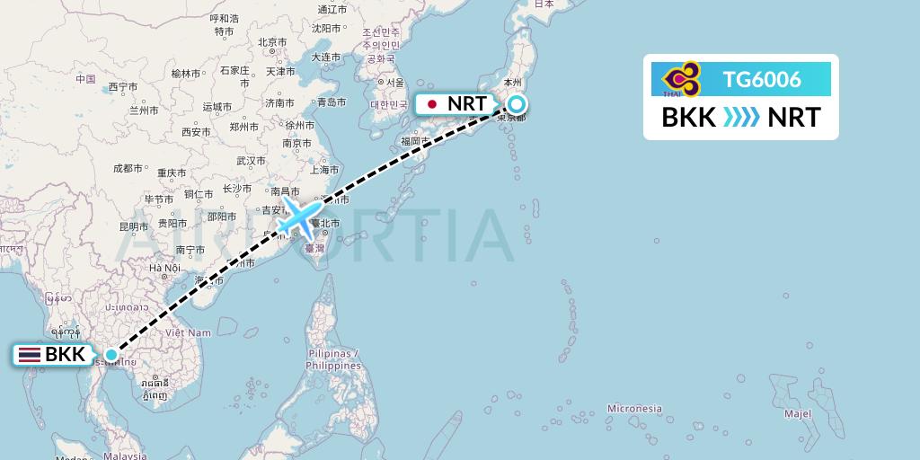 TG6006 Thai Airways Flight Map: Bangkok to Tokyo