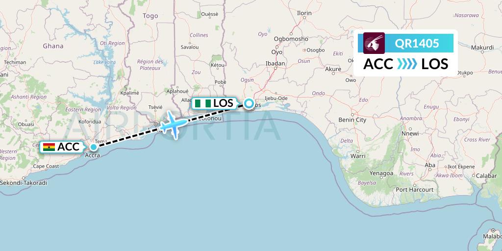 QR1405 Qatar Airways Flight Map: Accra to Lagos