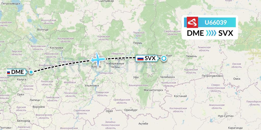 U66039 Ural Airlines Flight Map: Moscow to Yekaterinburg