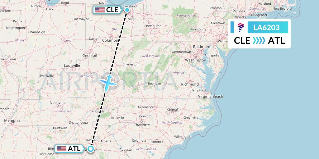 LA6203 LAN Airlines Flight Map: Cleveland to Atlanta