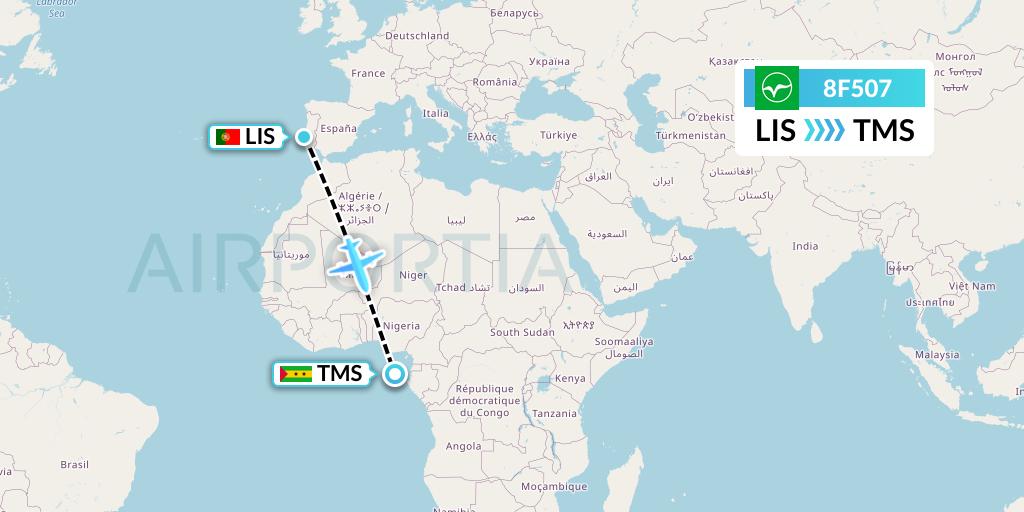 8F507 STP Airways Flight Map: Lisbon to Sao Tome