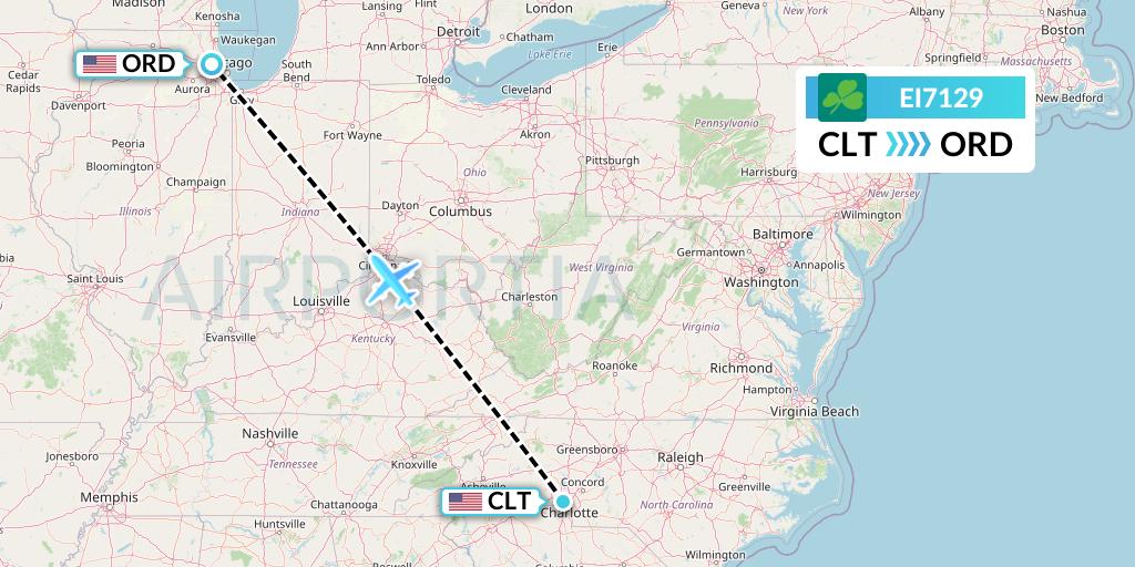 EI7129 Aer Lingus Flight Map: Charlotte to Chicago