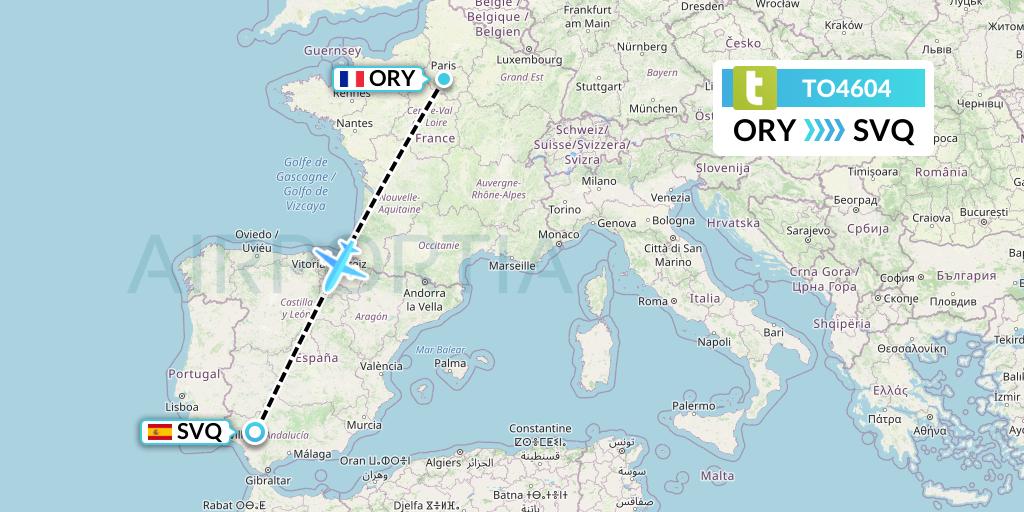 TO4604 Transavia France Flight Map: Paris to Seville