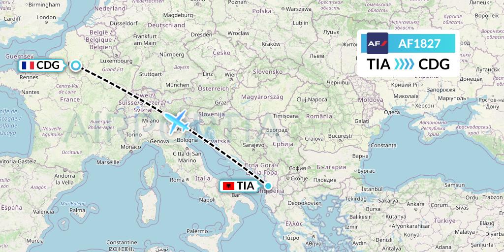 AF1827 Air France Flight Map: Tirana to Paris