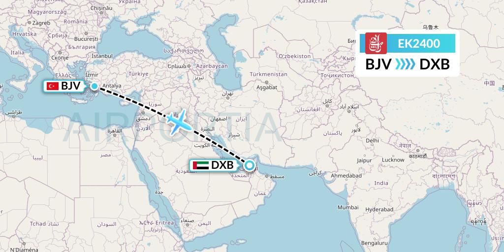 EK2400 Emirates Flight Map: Bodrum to Dubai
