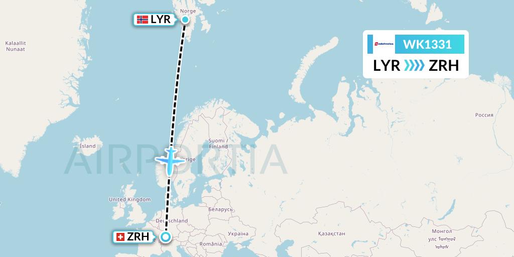 WK1331 Edelweiss Air Flight Map: Longyearbyen to Zurich