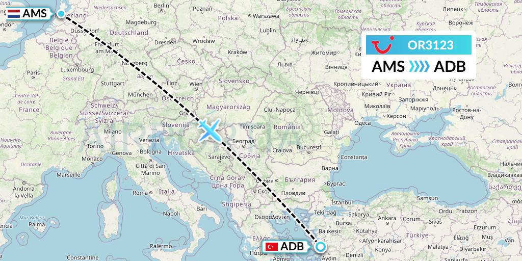 OR3123 TUI fly Netherlands Flight Map: Amsterdam to Izmir