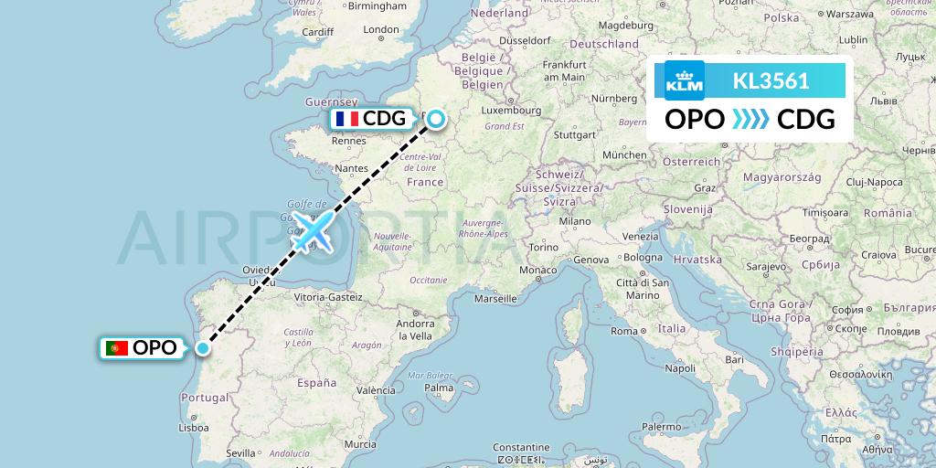 KL3561 KLM Flight Map: Porto to Paris
