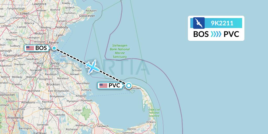 9K2211 Cape Air Flight Map: Boston to Provincetown