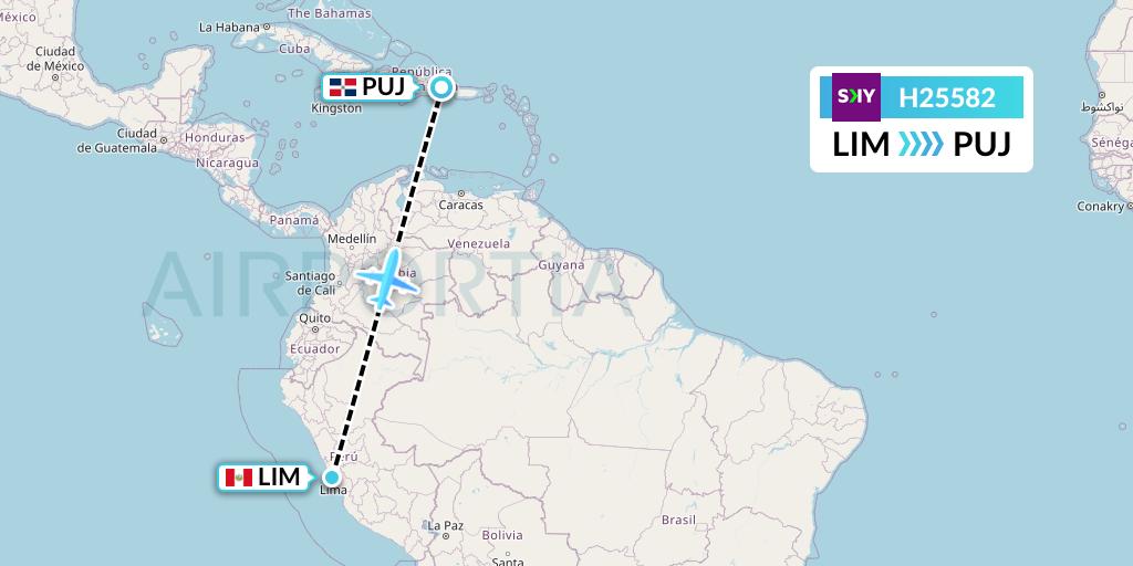 H25582 Sky Airline Flight Map: Lima to Punta Cana