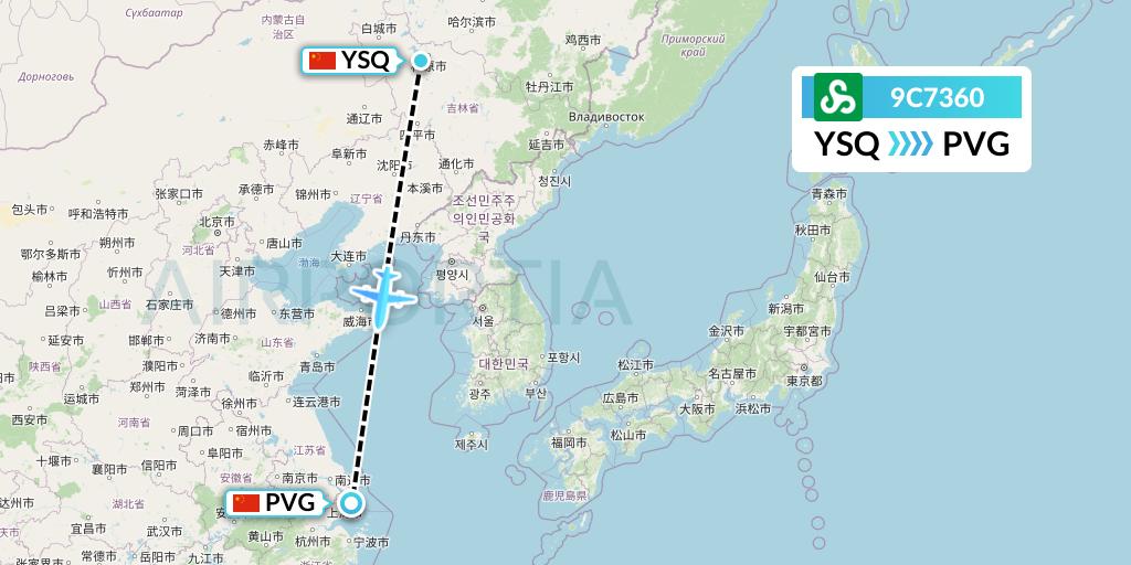 9C7360 Spring Airlines Flight Map: Songyuan to Shanghai