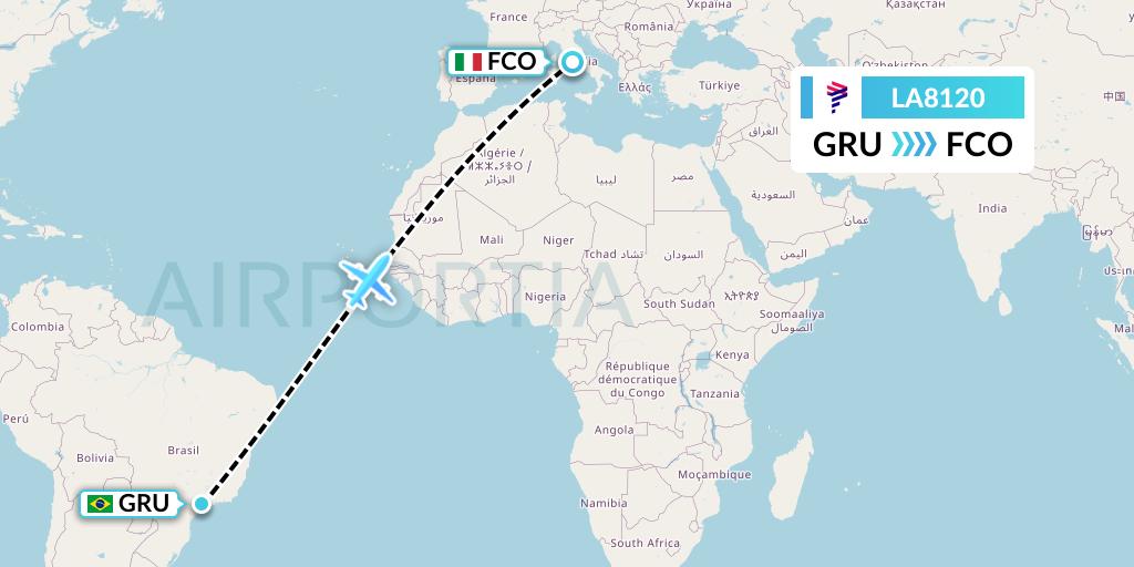 LA8120 LAN Airlines Flight Map: Sao Paulo to Rome