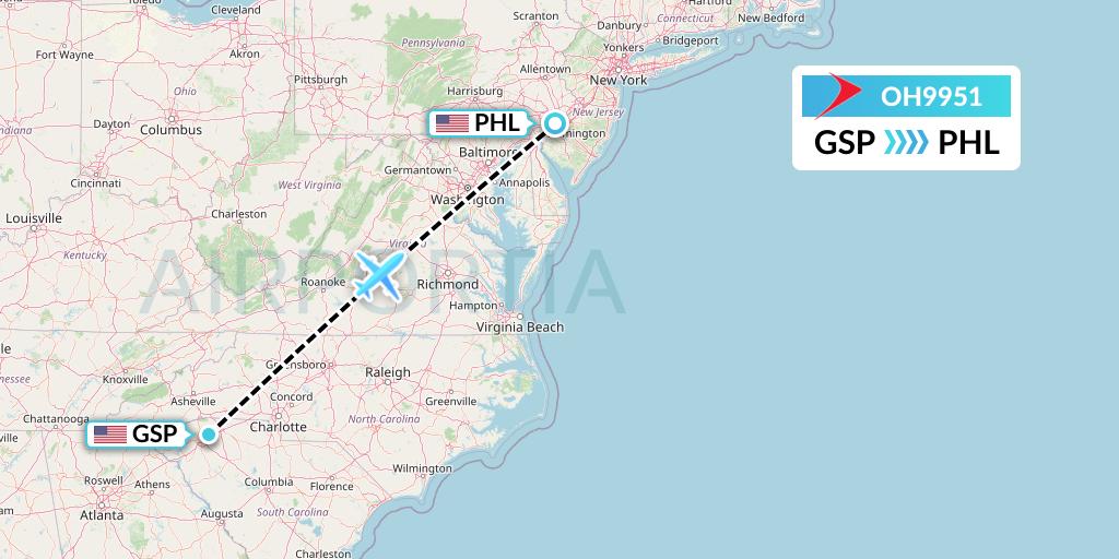 OH9951 PSA Airlines Flight Map: Greenville-Spartanburg to Philadelphia