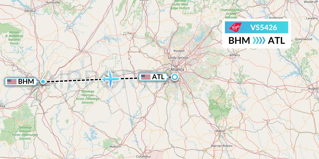 VS5426 Virgin Atlantic Airways Flight Map: Birmingham to Atlanta