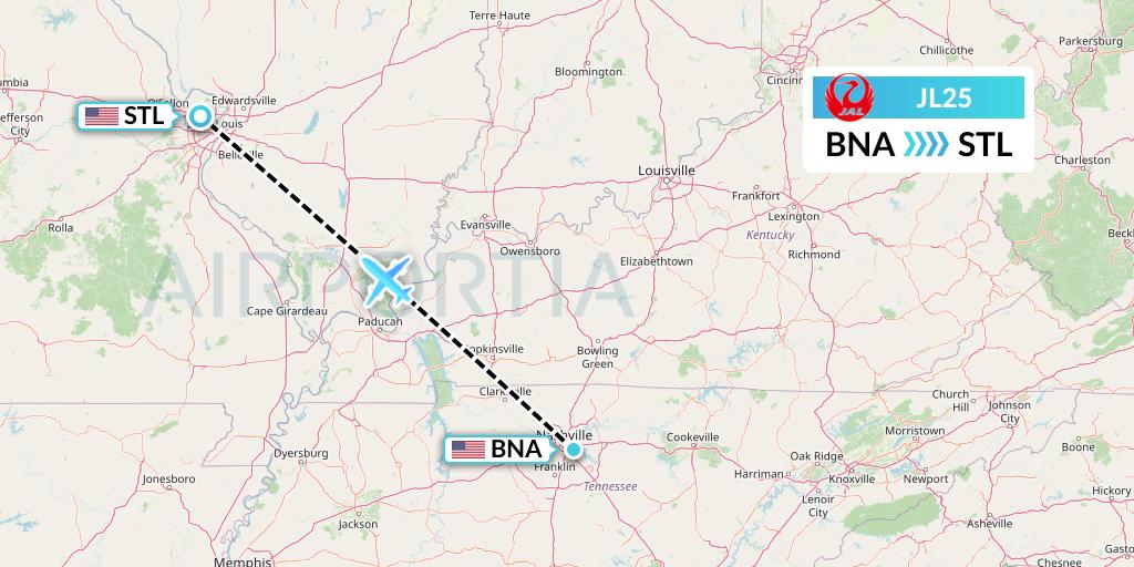 JL25 Japan Airlines Flight Map: Nashville to St. Louis