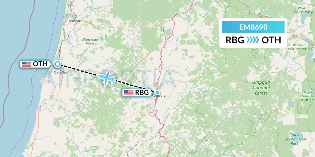 EM8690 Empire Airlines Flight Map: Roseburg to North Bend