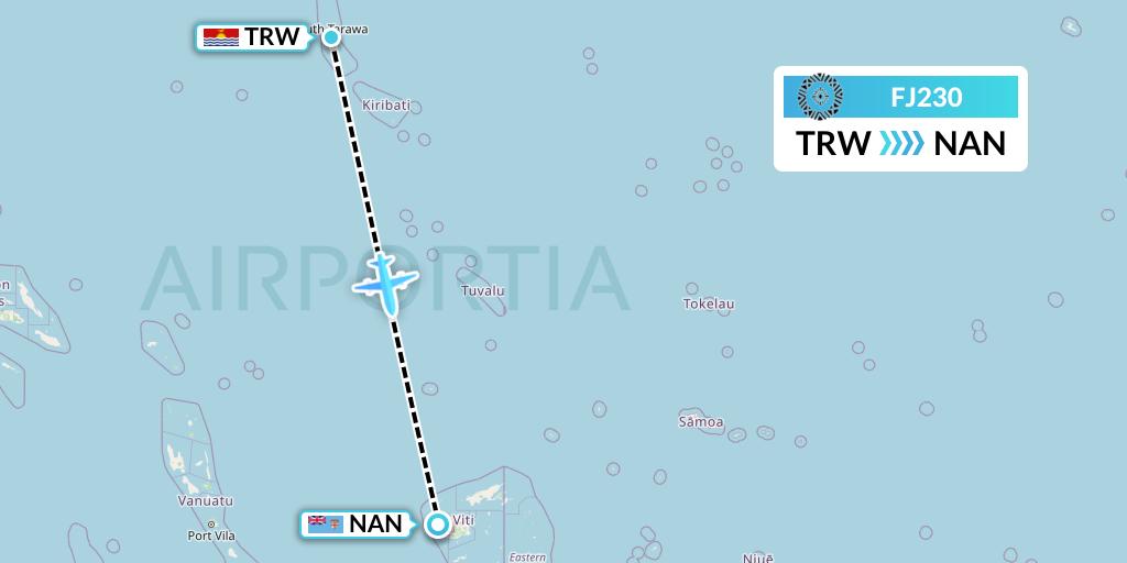 FJ230 Fiji Airways Flight Map: Tarawa to Nadi