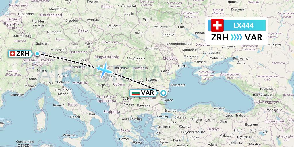 LX444 Swiss Flight Map: Zurich to Varna