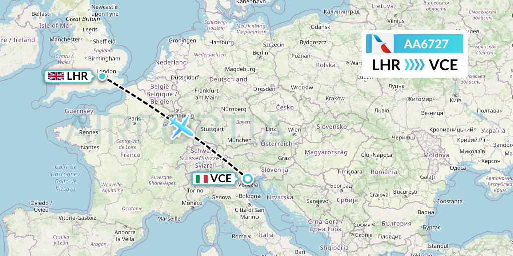 AA6727 American Airlines Flight Map: London to Venice