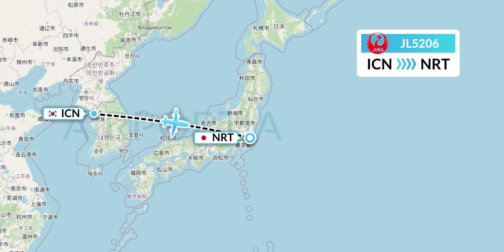 JL5206 Japan Airlines Flight Map: Seoul to Tokyo