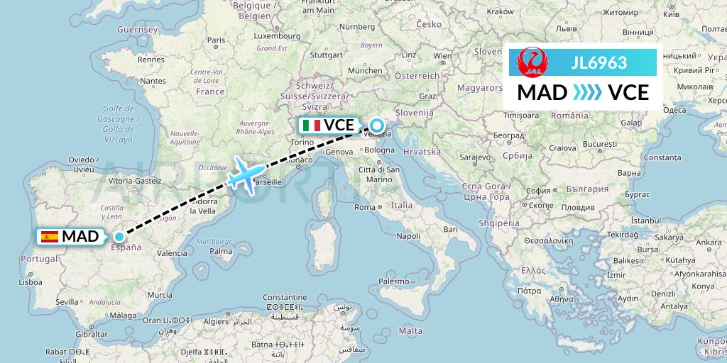 JL6963 Japan Airlines Flight Map: Madrid to Venice
