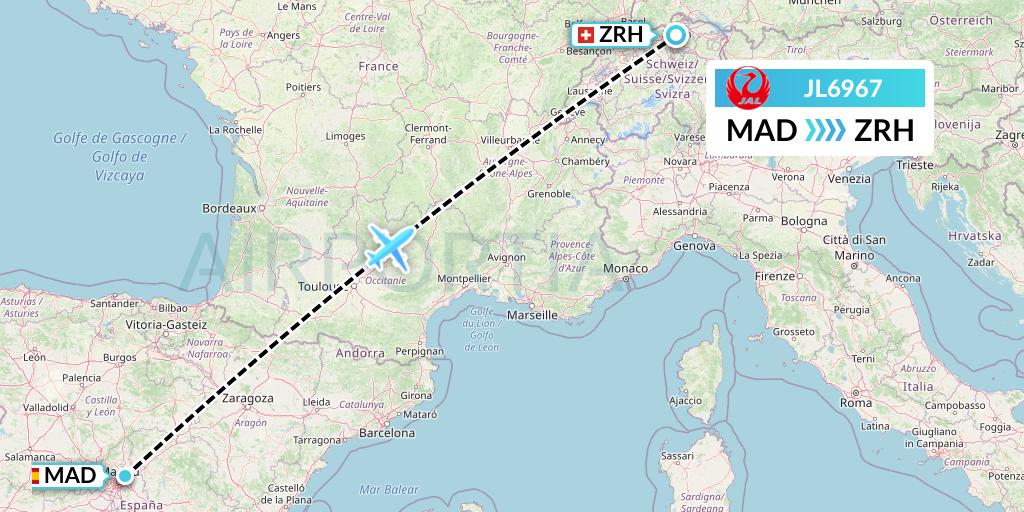 JL6967 Japan Airlines Flight Map: Madrid to Zurich