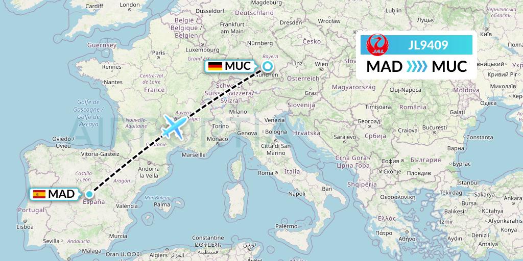 JL9409 Japan Airlines Flight Map: Madrid to Munich
