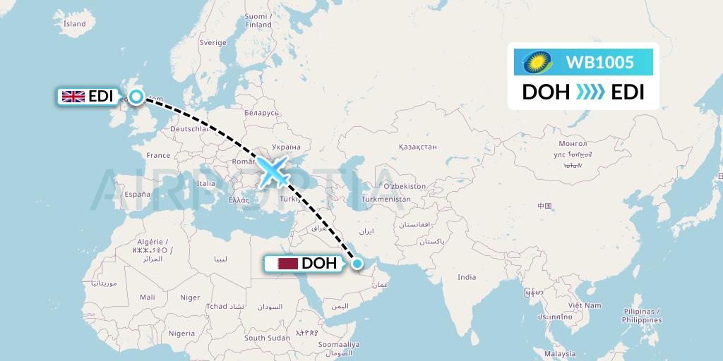 WB1005 RwandAir Flight Map: Doha to Edinburgh