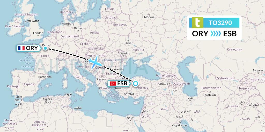 TO3290 Transavia France Flight Map: Paris to Ankara
