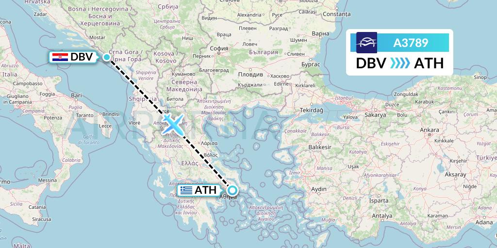 A3789 Aegean Airlines Flight Map: Dubrovnik to Athens