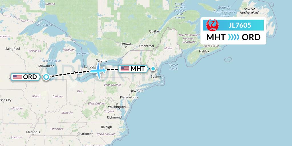 JL7605 Japan Airlines Flight Map: Manchester to Chicago