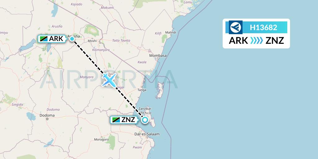 H13682 Hahn Air Systems Flight Map: Arusha to Zanzibar